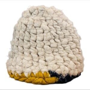 Mischa Lampert Wool Handcrafted Beanie — White & Yellow Chunky Knit Slouchy, OS